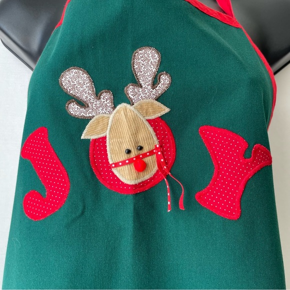 Christmas Joy Appliqué Reindeer Full Kitchen Apron Green and Red Holiday - Picture 3 of 8